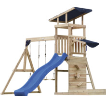 Spielturm aus Holz mit Rutsche und Schaukel