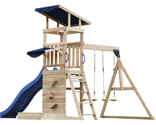 Spielturm aus Holz mit Rutsche und Schaukel