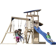 Holzspielturm mit Schaukel und Rutsche für Kinder im Garten