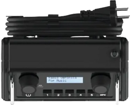 Radio numérique noire avec boutons rotatifs et écran