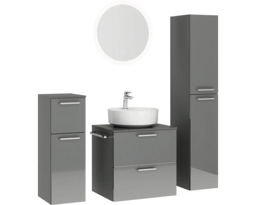 Badezimmergarnitur mit Waschtischunterschrank, Waschbecken, Spiegelschrank und Hochschrank
