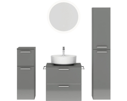 Ensemble de meubles de salle de bains NOBILIA Modern lxhxp 140 x 169,1 x 49 cm couleur de façade gris haute brillance avec miroir rond à éclairage LED meuble bas armoire midi poignée chrome mat 637