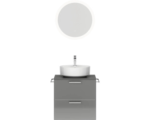 Badmöbel-Set NOBILIA Modern BxHxT 60 x 169,1 x 49 cm Frontfarbe grau hochglanz mit Spiegel rund mit LED-Beleuchtung Griff chrom matt 613