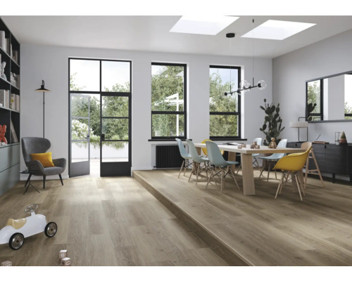 Pièce à vivre lumineuse avec parquet, table à manger et chaises