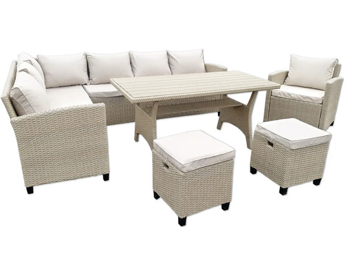Ensemble de meubles de jardin avec table à manger, canapé d''angle, fauteuil et tabourets