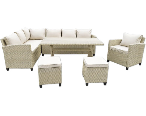 Ensemble de meubles de jardin en rotin avec canapé d''angle, fauteuil, table et tabourets