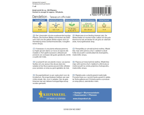 Paquet de graines de pissenlit avec des informations sur le semis, la profondeur de semis, la germination, la distance et la récolte