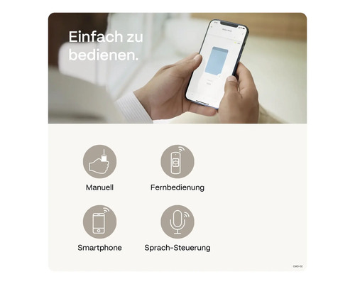 Verschiedene Steuerungsmöglichkeiten: manuell, Fernbedienung, Smartphone, Sprachsteuerung
