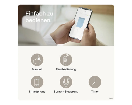 Einfache Bedienung: Manuelle Steuerung, Fernbedienung, Smartphone, Sprachsteuerung und Timer.
