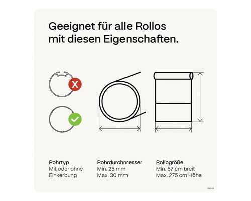 Geeignet für Rollos mit bestimmten Eigenschaften: Rohrdurchmesser, Rollengröße, Rohrtyp