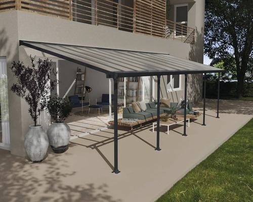 Terrassenüberdachung CANOPIA by Palram Feria 3x9.15 915 x 294 cm anthrazit Terrassenüberdachung aus Aluminium mit klarem Dach vor Wohnhaus