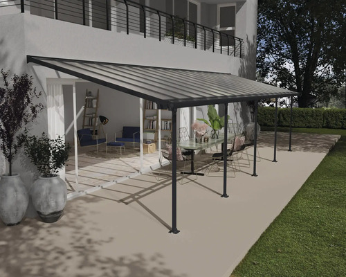 Toiture pour terrasse CANOPIA by Palram Feria 3x9.71 971 x 294 cm anthracite Toit de terrasse en aluminium avec mobilier dans le jardin.