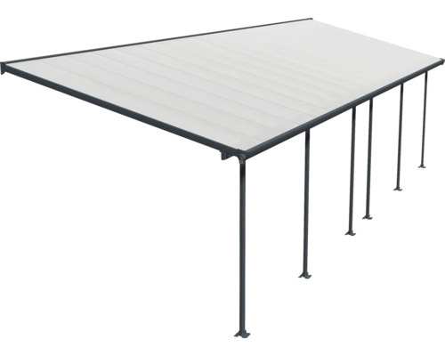 Terrassenüberdachung mit Metallrahmen und heller Dacheindeckung