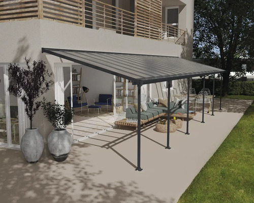 Toiture pour terrasse CANOPIA by Palram Feria 3x10.35 1035 x 294 cm anthracite Auvent de terrasse en métal avec mobilier de jardin sur une terrasse