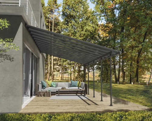 Terrassenüberdachung CANOPIA by Palram Feria 4x7.87 787 x 380 cm anthrazit Terrasse mit Pergola und Sitzgelegenheit im Aussenbereich