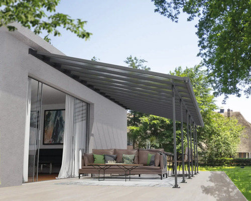 Terrassenüberdachung CANOPIA by Palram Feria 4x8.50 850 x 380 cm anthrazit Terrassenüberdachung aus Metall mit Gartenmöbeln auf Terrasse