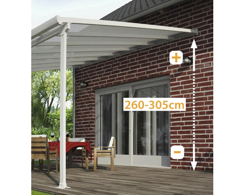 Terrassenüberdachung mit Höhenangabe von 260 bis 305 Zentimetern.