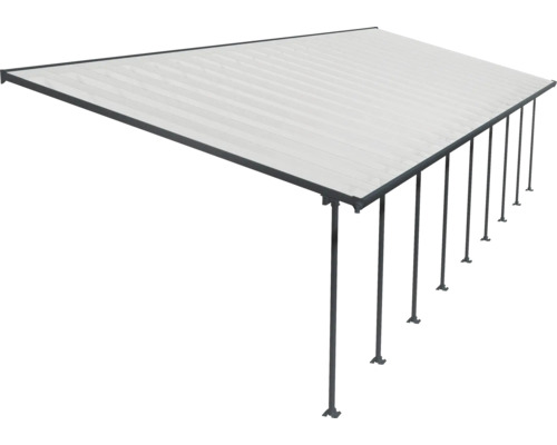 Terrassenüberdachung mit grauen Trägern und weißem Dach