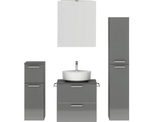 Ensemble de meubles de salle de bains NOBILIA Modern lxhxp 140 x 169,1 x 49 cm couleur de façade gris haute brillance avec armoire de toilette à éclairage LED meuble bas armoire midi poignée chrome mat 629