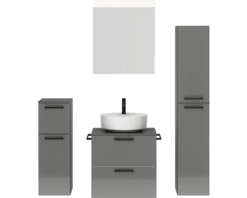 Ensemble de meubles de salle de bains NOBILIA Modern lxhxp 140 x 169,1 x 49 cm couleur de façade gris haute brillance avec miroir à éclairage LED meuble bas armoire midi poignée noir 620
