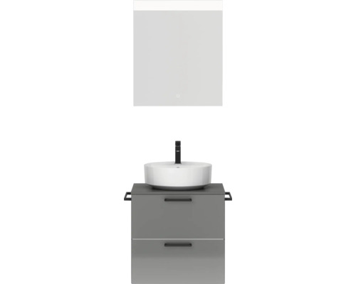 Badmöbel-Set NOBILIA Modern BxHxT 60 x 169,1 x 49 cm Frontfarbe grau hochglanz mit Spiegelschrank mit LED-Beleuchtung Griff schwarz 604