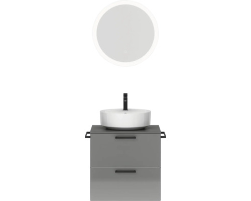 Badmöbel-Set NOBILIA Modern BxHxT 60 x 169,1 x 49 cm Frontfarbe grau hochglanz mit Spiegel rund mit LED-Beleuchtung Griff schwarz 612