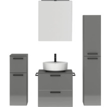 Badmöbel-Set NOBILIA Modern BxHxT 140 x 169,1 x 49 cm Frontfarbe grau hochglanz mit Spiegelschrank mit LED-Beleuchtung Unterschrank Midischrank Griff schwarz 628