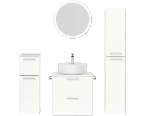 Ensemble de meubles de salle de bains NOBILIA Modern lxhxp 140 x 169,1 x 49 cm couleur de façade blanc haute brillance avec miroir rond à éclairage LED meuble bas armoire midi poignée chrome mat 635