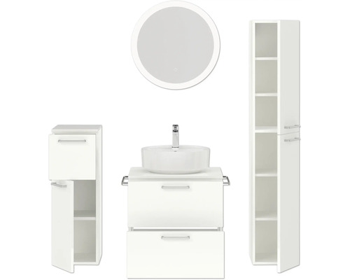 Ensemble de salle de bains avec lavabo, miroir et armoire haute