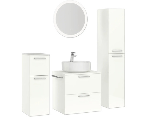 Ensemble de salle de bains avec lavabo, meuble sous-vasque, armoire de toilette et armoire haute