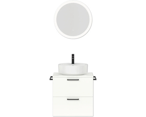 Badmöbel-Set NOBILIA Modern BxHxT 60 x 169,1 x 49 cm Frontfarbe weiß hochglanz mit Spiegel rund mit LED-Beleuchtung Griff schwarz 610