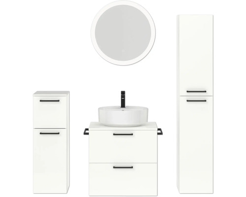 Ensemble de meubles de salle de bains NOBILIA Modern lxhxp 140 x 169,1 x 49 cm couleur de façade blanc haute brillance avec miroir rond à éclairage LED meuble bas armoire midi poignée noir 634