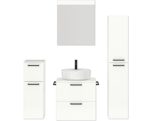 Badmöbel-Set NOBILIA Modern BxHxT 140 x 169,1 x 49 cm Frontfarbe weiß hochglanz mit Spiegel mit LED-Beleuchtung Unterschrank Midischrank Griff schwarz 618