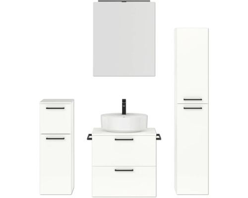 Ensemble de meubles de salle de bains NOBILIA Modern lxhxp 140 x 169,1 x 49 cm couleur de façade blanc haute brillance avec armoire de toilette à éclairage LED meuble bas armoire midi poignée noir 626