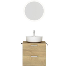 Badmöbel-Set NOBILIA Modern BxHxT 60 x 169,1 x 49 cm Frontfarbe eiche hell mit Spiegel rund mit LED-Beleuchtung Griff chrom matt 615