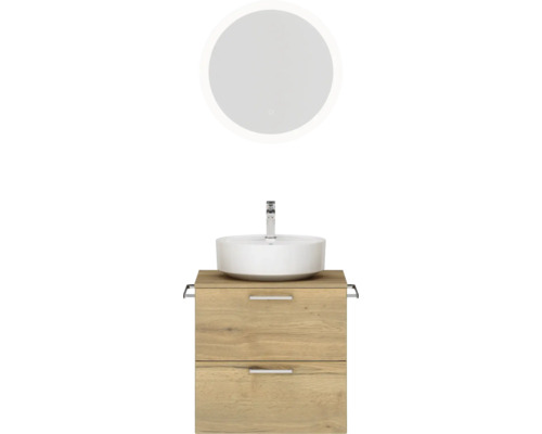 Ensemble de meubles de salle de bains NOBILIA Modern lxhxp 60 x 169,1 x 49 cm couleur de façade chêne clair avec miroir rond à éclairage LED poignée chrome mat 615