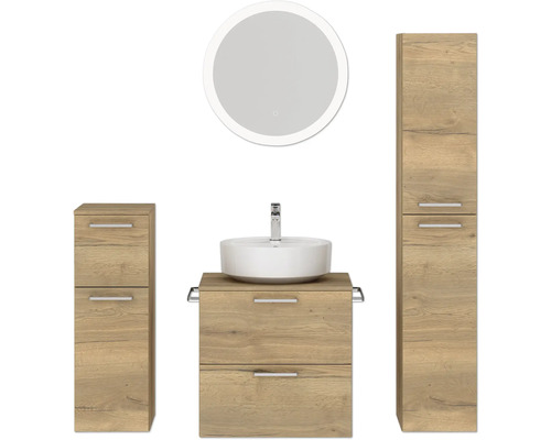Badmöbel-Set NOBILIA Modern BxHxT 140 x 169,1 x 49 cm Frontfarbe eiche hell Badmöbelset 4-teilig mit Waschtisch weiß und Waschtischunterschrank Waschtisch Spiegel mit LED-Beleuchtung Wandschrank Midischrank Badezimmer Möbelset mit Waschtisch, Spiegelschrank und Hochschrank