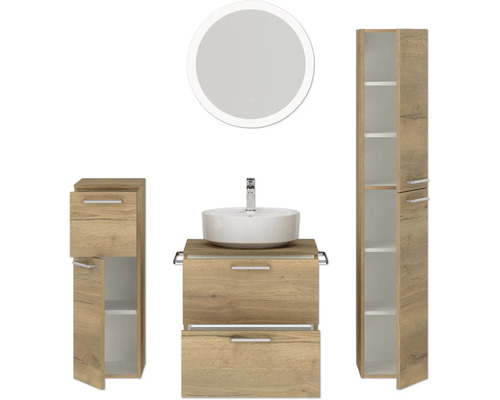 Ensemble de salle de bains avec meuble-lavabo, vasque à poser, armoire de toilette et armoire haute