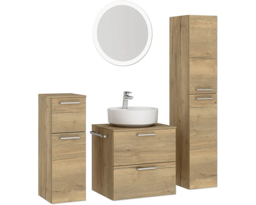 Ensemble de salle de bains avec lavabo, meuble sous-lavabo, armoire latérale et miroir