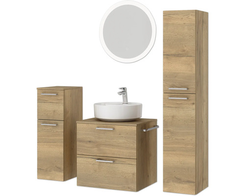 Ensemble de salle de bains avec meuble-lavabo, vasque à poser, armoire de toilette et armoire haute