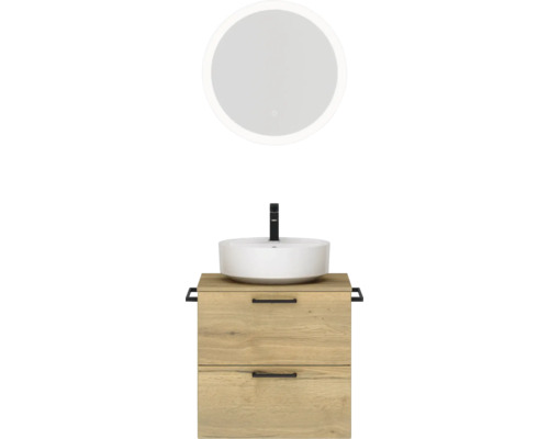 Ensemble de meubles de salle de bains NOBILIA Modern lxhxp 60 x 169,1 x 49 cm couleur de façade chêne clair avec miroir rond à éclairage LED poignée noir 614