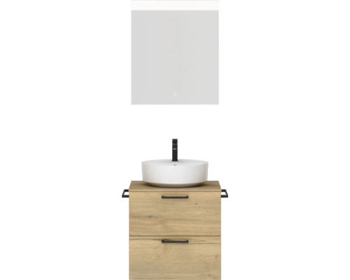 Ensemble de meubles de salle de bains NOBILIA Modern lxhxp 60 x 169,1 x 49 cm couleur de façade chêne clair avec miroir rectangulaire à éclairage LED poignée noir 598