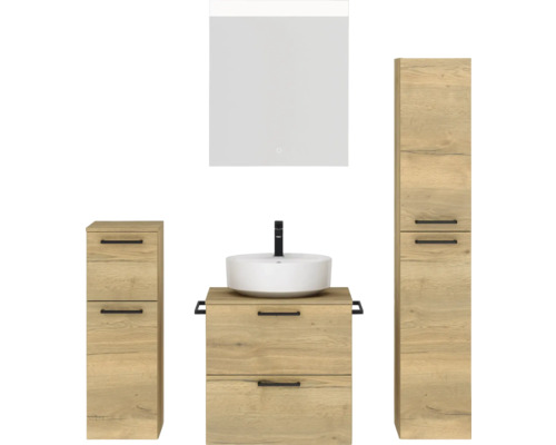 Ensemble de meubles de salle de bains NOBILIA Modern lxhxp 140 x 169,1 x 49 cm couleur de façade chêne clair avec miroir à éclairage LED meuble bas armoire midi poignée noir 622