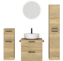 Badmöbel-Set NOBILIA Modern BxHxT 140 x 169,1 x 49 cm Frontfarbe eiche hell mit Spiegel rund mit LED-Beleuchtung Unterschrank Midischrank Griff schwarz 638