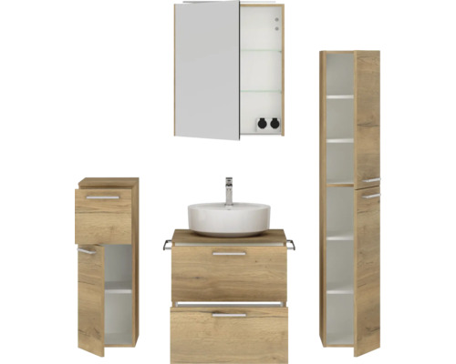 Badezimmerensemble mit Waschbecken, Spiegelschrank und Hochschrank in Holzoptik