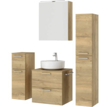 Badmöbel-Set NOBILIA Modern BxHxT 140 x 169,1 x 49 cm Frontfarbe eiche hell mit Spiegelschrank mit LED-Beleuchtung Unterschrank Midischrank Griff chrom matt 631