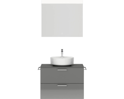 Badmöbel-Set NOBILIA Modern BxHxT 80 x 169,1 x 49 cm Frontfarbe grau hochglanz mit Spiegel eckig mit LED-Beleuchtung Griff chrom matt 653 Waschtischkombination mit Spiegel, Aufsatzwaschbecken und Unterschrank mit zwei Schubladen