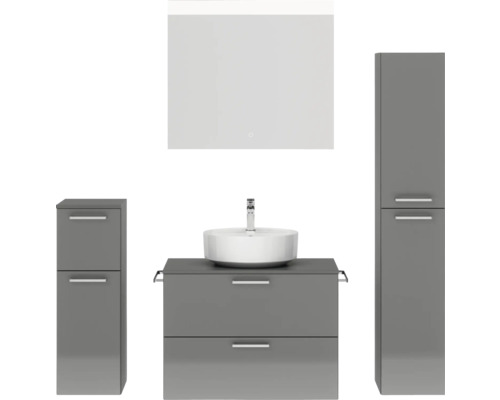 Badmöbel-Set NOBILIA Modern BxHxT 160 x 169,1 x 49 cm Frontfarbe grau hochglanz mit Spiegel mit LED-Beleuchtung Unterschrank Midischrank Griff chrom matt 677 Graue Badezimmereinrichtung mit Waschtisch, Spiegel und Hochschrank