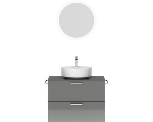 Badmöbel-Set NOBILIA Modern BxHxT 80 x 169,1 x 49 cm Frontfarbe grau hochglanz mit Spiegel rund mit LED-Beleuchtung Griff chrom matt 669 Badezimmer Waschtisch mit Spiegel und Unterschrank
