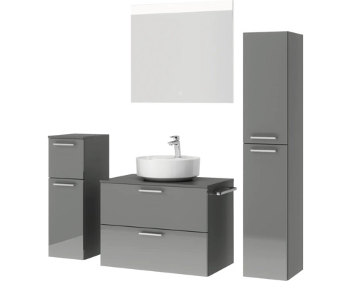 Graues Badezimmermöbelset mit Waschbecken, Unterschrank, Spiegelschrank und Hochschrank